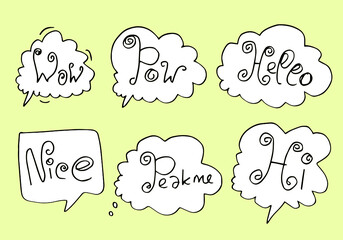 Hand drawn set of speech bubbles with handwritten short phrases  wow,nice,hello,pow,peak me,hi on yellow background.