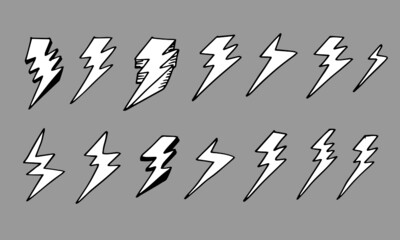 set of hand drawn vector doodle electric lightning bolt symbol sketch illustrations. thunder symbol doodle icon.