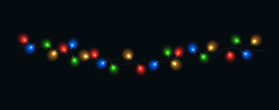 Christmas lights isolated. Colorful Xmas garland. Vector glowing light bulbs on wire strings. 
