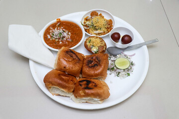 Beautiful and Tasty Pav Bhaji and Gulab Jamun. Favorite Indian Food.