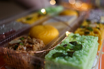 Traditional Indian Sweets For Holidays. Fresh and Tasty. Lights