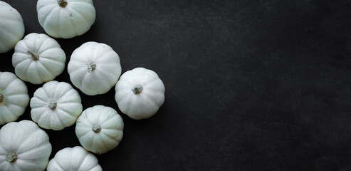 Autumn pumpkin banner Halloween colors white, on a black stone background.