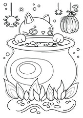 Coloring page with cat and cauldron, hand-drawn vector illustration.