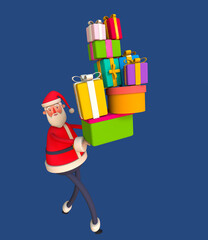 Santa Claus Giving big mountain gifts, Merry Christmas and New year banner  Trendy 3d illustration on blue background.