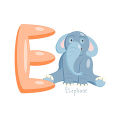 Letter E. Children's alphabet, cute elephant. Vector illustration for learning English.