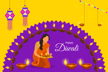 Obraz na płótnie Canvas Indian woman celebrating diwali with puja thali and diya. Diwali festival decorative background with lantern.
