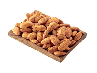 Almond in wooden dish isolated on white.