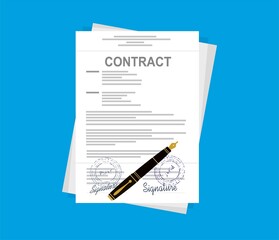Contract, paper documents with seal, text, signature. Checklist, approved assignment, project, or office document to execution. Vector flat style illustration.
