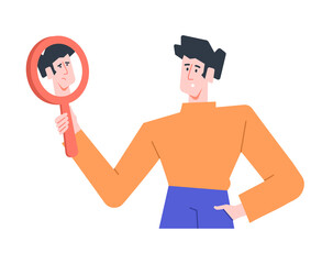 The man looks in the mirror and sees his sad, depressed, tired reflection. Hidden emotions, depression and burnout. Seeking psychological help, taking care of mental health. Vector flat illustration.