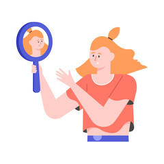 The woman looks in the mirror and sees her sad, depressed, tired reflection. Hidden emotions, depression and burnout. Seeking psychological help, taking care of mental health. Vector flat illustration
