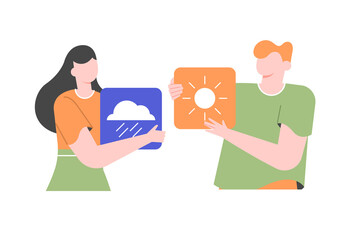 The couple expresses feelings about their mood. A man with a sun icon, a woman with a cloud icon. Funny and sad characters. Caring for mental health. Vector flat illustration.