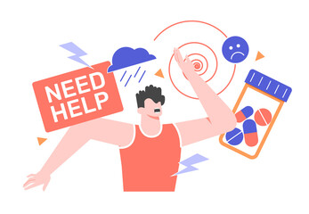 Frightened, angry, emotional man waving his arms. Mental health, stress, antidepressant medication. Psychological assistance to a patient with anxiety and burnout. Vector flat illustration.