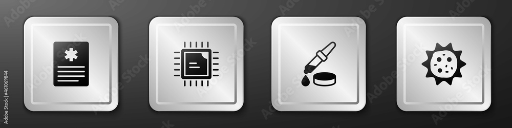 Aufkleber set patient record, processor cpu, pipette and virus icon. silver square button. vector