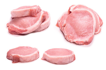 Raw pork pieces isolated on a white background.
