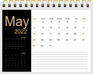 2022 Calendar Planner Design. Monthly scheduler. Week starts on Sunday. MAY 2022. Vector illustrator.