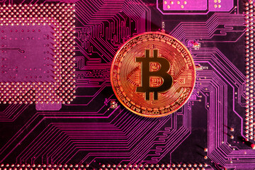 Golden coin bitcoin symbol on circuit board. Bitcoin blockchain cryptocurrency digital encryption,...