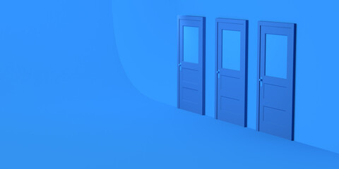 Set of three closed doors on blue background. Copy space. 3D Illustration.