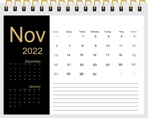 2022 Calendar Planner Design. Monthly scheduler. Week starts on Sunday. NOVEMBER 2022. Vector illustrator.