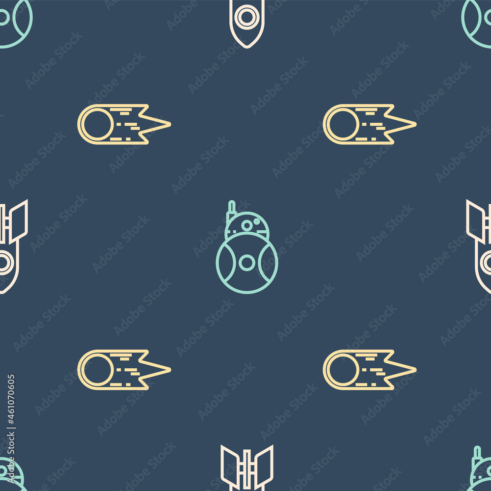 Poster set line rocket ship, comet falling down fast and robot on seamless pattern. vector