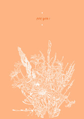 Vector drawing of a bouquet of daisies with white lines on an orange background, sketch vector graphic illustration for notebook, sketchbook, postcards, posters, greeting card with the words "for you"