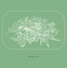 botanical drawing, illustration of a bouquet of flowers and foliage on an olive background with a frame, vector seamless illustration for greeting cards, wedding invitation