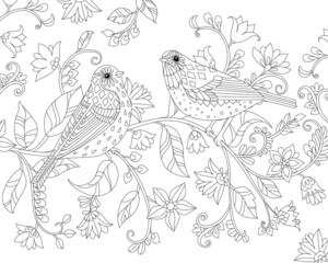 Fototapeta na wymiar lovely couple of little birds sitting on branches of fancy flowe
