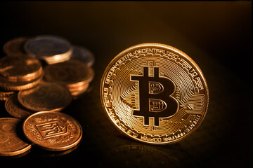 Close up of metal shiny bitcoin crypto currency coin with Ukrainian hryvnia coins. Electronic decentralized money concept.  legalise Bitcoin and cryptocurrencies in Ukraine