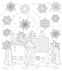 Fototapeta premium winter cityscape with trees and snowflakes for your coloring boo