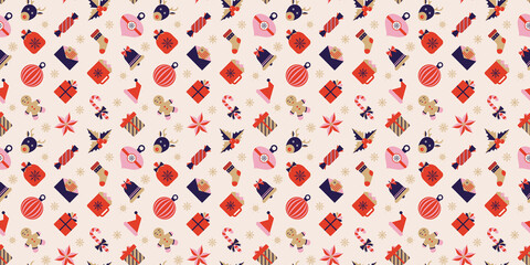 Christmas and New Year background. Festive seamless pattern with winter holidays cute elements. Vector background with symbols and icons in traditional Christmas colors.