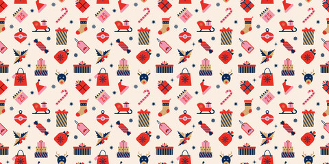 Christmas and New Year background. Festive seamless pattern with winter holidays cute gift elements. Vector background with symbols and icons on the theme of Christmas and winter shopping, sale. 