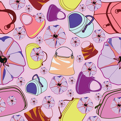 Bags and flowers seamless pattern, print design, surface pattern, Design textile, fabrics, wallpaper, wrappings, beautiful outfits, home decoration products.