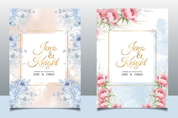 Vector vertical wedding invitation card set with light blue tropical leaves and orchid flowers.botany design for wedding ceremony. Can be used for cosmetics, hand drawn floral wedding invitation card