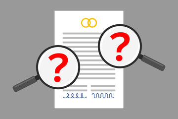 Marital agreement and two magnifiers with red question marks