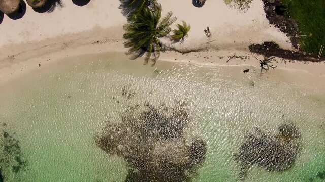 Virgin unspoiled Caribbean beach aerial drone view. Golden sun bright light over sandy beaches make up an awesome tropical landscape. Spectacular holiday destination tourist center. Mahahual is a vil