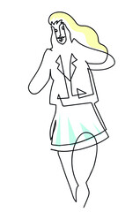 One line drawing of happy astonished student girl in formal suit.
One continuous line drawing of young student girl.
