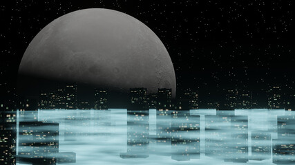 Blue fog is covering a city with full moon and star field in background (3D Rendering)