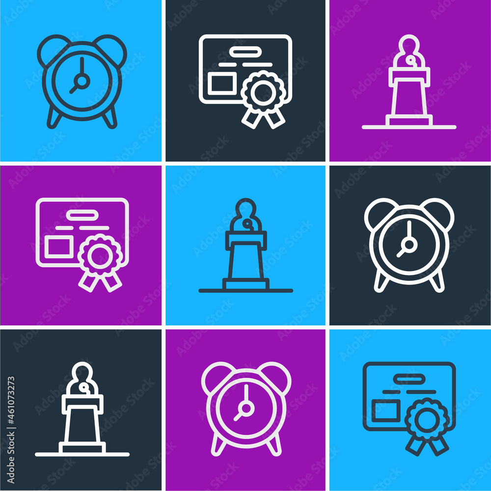 Poster set line alarm clock, speaker and certificate template icon. vector