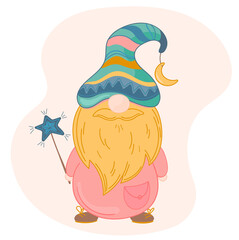 Vector illustration little gnomes with magic wand