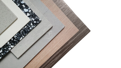 close up interior construction material samples containing grainy artificial stone, black terrazzo,...