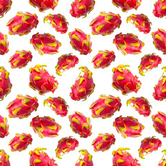 Dragon fruit on a white background. Seamless pattern for packaging design, clothing textiles or printing paper packaging. Tropical and exotic fruits