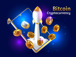 bitcoin cryptocurrency with rocket booster and smartphone
