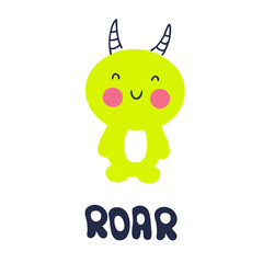 Hand drawn vector cute horned monster. Perfect for T-shirt, textile and prints. Cartoon style illustration for decor and design.
