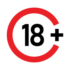 18 plus sign. Eighteen. For adults only. Age restrictions, censorship, parental control. Icon for content, movies, alcohol, night clubs and bars.