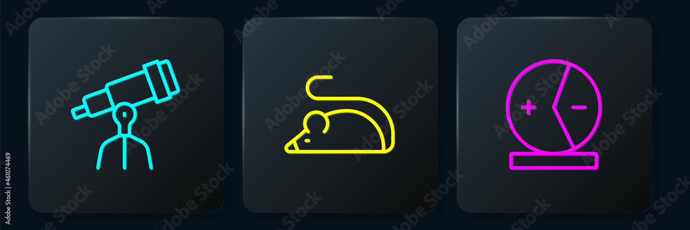Poster set line telescope, atom and experimental mouse. black square button. vector