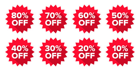 Sale badge set. Set of sale tags, badges, stickers or labels. Percent off badges with 20%, 30%, 40%, 50%, 60%, 70% etc. Clearance sale sticker vectors for promotions and discounts