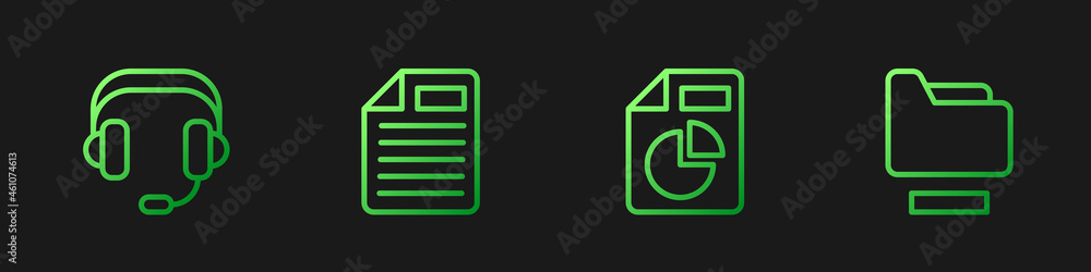 Poster set line document with graph chart, headphones, file document and folder. gradient color icons. vect