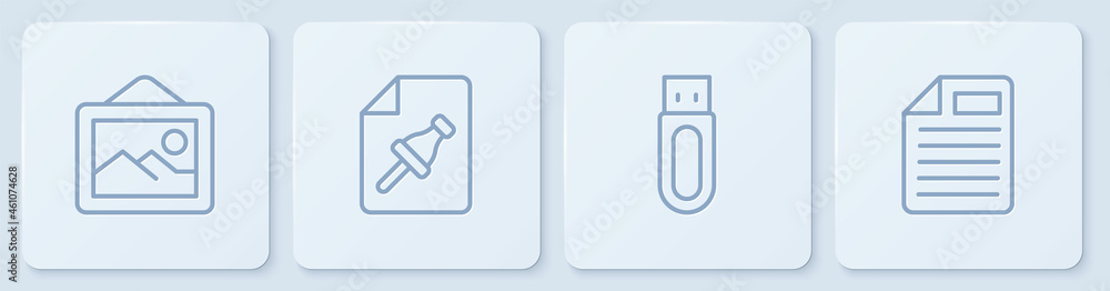 Poster set line picture landscape, usb flash drive, note paper with push button and file document. white sq