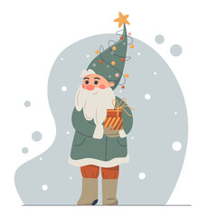 Cute cartoon Christmas dwarf with a festive hat and the gifts.