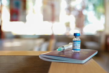 a covid vaccine bottle, a needle and a red passport