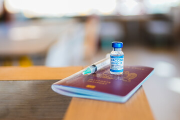 a covid vaccine bottle, a needle and a red passport